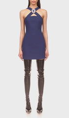 CRYSTAL-BROOCH CREPE MINI DRESS IN NAVY BLUE