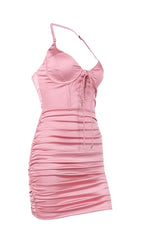 Lace-up pleated halterneck dress