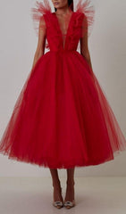 FEATHER V-NECK NET MIDI DRESS IN MAHOGANY