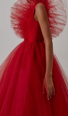 FEATHER V-NECK NET MIDI DRESS IN MAHOGANY