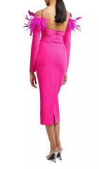 FEATHER TRIM MIDI DRESS IN CRIMSON