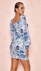BLUE + WHITE PRINT PUFF SLEEVE FLORAL DRESS