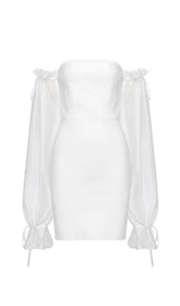 WHITE LLACE SLEEVE STITCHING BANDAGE DRESS
