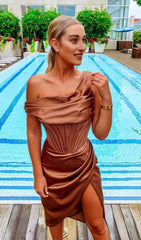 ASYMMETRIC DRAPE MIDI CORSET DRESS IN COFFEE