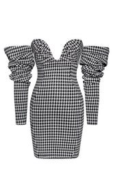 HOUNDSTOOTH WORD SHOULDER WRAP DRESS