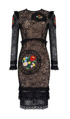FLOWER LONG SLEEVE LACE MINI DRESS IN BLACK