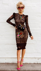 FLOWER LONG SLEEVE LACE MINI DRESS IN BLACK