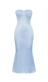 BANDEAU SATIN SLIT MIDI DRESS IN SKY BLUE
