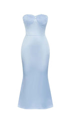 BANDEAU SATIN SLIT MIDI DRESS IN SKY BLUE