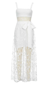 BOW-EMBELLISHED LACE MIDI DRESS IN WHITE