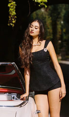 BOW-EMBELLISHED RHINESTONE MINI DRESS IN BLACK