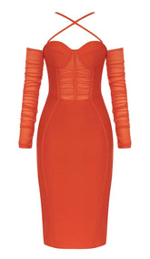 CORSET RUCHED MIDI DRESS IN RED