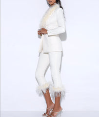 CREAM WHITE BLAZER SUIT WITH FEATHER TRIM