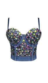 DENIM CRYSTAL EMBELLISHED CROPPED TOP IN NAVY BLUE