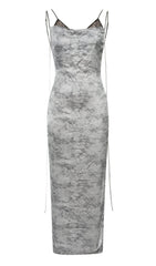 FLORAL BACKLESS MIDI DRESS IN GREY