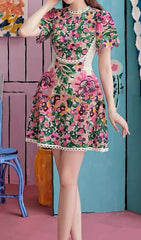 FLORAL-EMBROIDERED LACE DRESS IN LIPSTICK