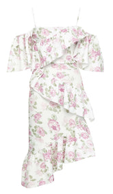 FLORAL-PRINT RUFFLE BANDEAU MIDI DRESS IN WHITE
