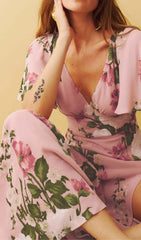 FLORAL-PRINT V NECK MAXI DRESS IN PINK