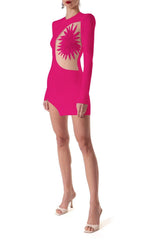 FLOWER LONG SLEEVE MINI BANDAGE DRESS IN RED