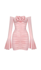 FLOWER-EMBELLISHED RUCHED MINI DRESS IN COTTON CANDY