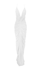FLOWER-EMBELLISHED PLUNGE MAXI DRESS IN WHITE