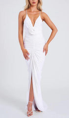 FLOWER-EMBELLISHED PLUNGE MAXI DRESS IN WHITE