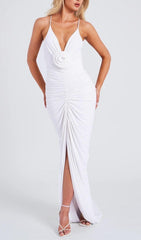 FLOWER-EMBELLISHED PLUNGE MAXI DRESS IN WHITE