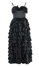 LAYERED BOW-EMBELLISHED MAXI DRESS IN BLACK