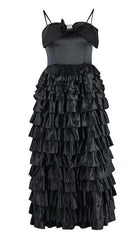 LAYERED BOW-EMBELLISHED MAXI DRESS IN BLACK