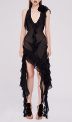 PLUNGING NECKLINE RUFFLE DRESS IN BLACK