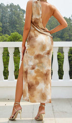 SPOT-PRINT THIGH SLIT MIDI DRESS IN COFFEE BEANS
