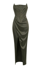 STRAPLESS SATIN SPLIT MAXI DRESS