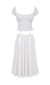 WHITE GATHERED MIDI SET DRESS