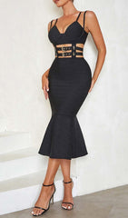 BUCKLE BANDAGE MIDI DRESS IN BLACK