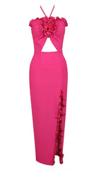 FLORAL EMBELLISHED SLIT MIDI DRESS IN PINK