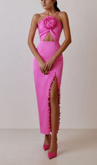 FLORAL EMBELLISHED SLIT MIDI DRESS IN PINK