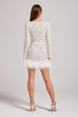 LACE FEATHER MINI DRESS IN WHITE