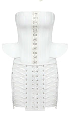 LACE-UP OFF SHOULDER MINI DRESS IN WHITE
