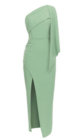 ONE SHOULDER SLIT MAXI DRESS IN PALE GREEN