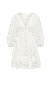 PLUNGING NECK LACE MINI DRESS IN WHITE