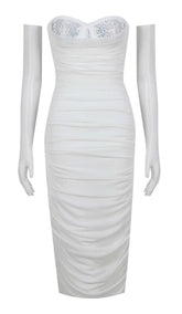 RUCHED BANDEAU MIDI DRESS IN WHITE