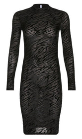 ZEBRA-PATTERN LONG-SLEEVED MIDI DRESS IN BLACK