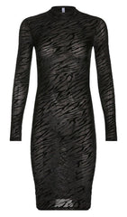 ZEBRA-PATTERN LONG-SLEEVED MIDI DRESS IN BLACK