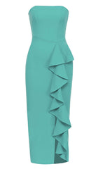 BANDEAU RUFFLES MIDI DRESS IN GREEN