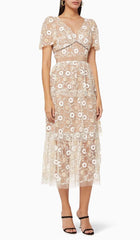 FLORAL EMBELLISHED PUFF SLEEVE MIDI DRESS IN WHITE