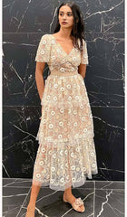 FLORAL EMBELLISHED PUFF SLEEVE MIDI DRESS IN WHITE