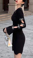 RHINESTONE BOW-EMBELLISHED MINI DRESS IN BLACK