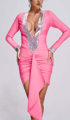 STRASS EMBELLISHED RUCHED MINI DRESS IN PINK