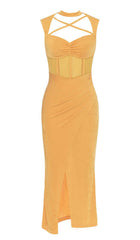HALTER BANDAGE MIDI DRESS IN YELLOW