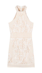 HIGH NECK CROCHET MINI DRESS IN BEIGE